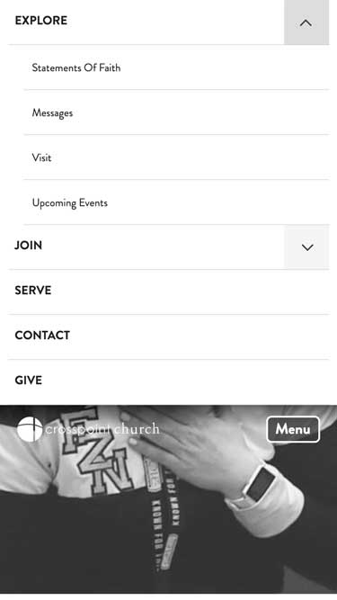 The Crosspoint Church screenshot of mobile page