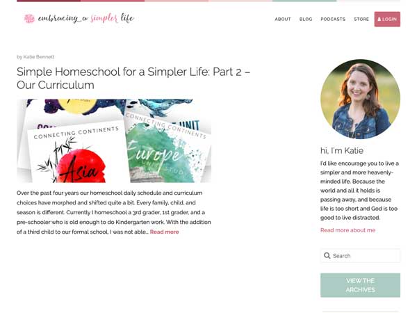 Embracing a simpler life screenshot of blog page